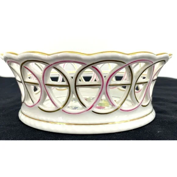 Herend Bowl Hungary Porcelain Round Open Weave Basket 7" Butterfly Handpainted - Picture 4 of 9